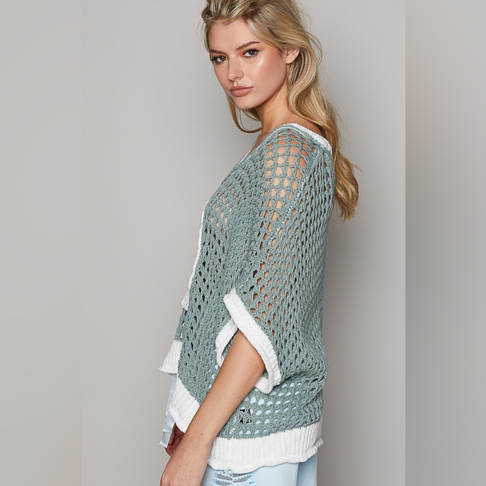 POL Crochet Open-Knit Peace Sign Sweater Poncho in Sage Green and White - Picture 5 of 8